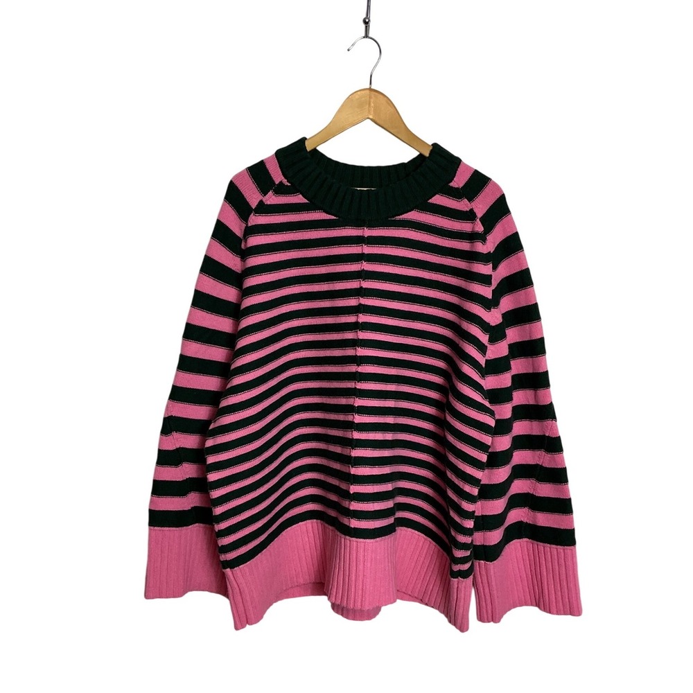 Maeve Green and Pink Striped Crewneck Sweater